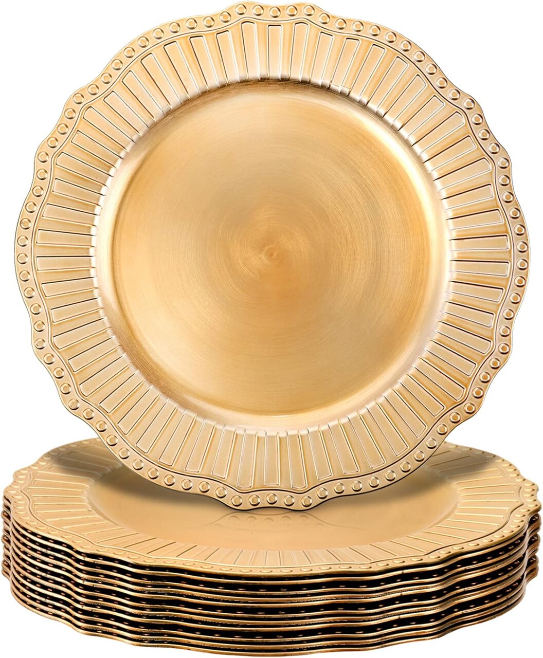 12 Pack Charger Plates, 13Inch Gold Dinner Under Plates, Plastic Round Charger Service Base Plates, Reusable Beaded Server Ware Serving Trays for Wedding, Christmas Dinner Table
